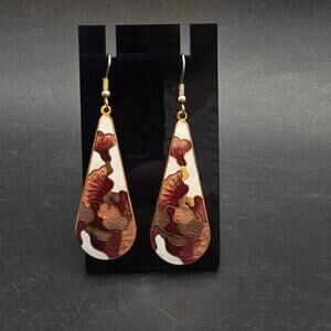 Cloisonne Peach Red Enamel Earrings Dangle Drop Long Vintage 1980s